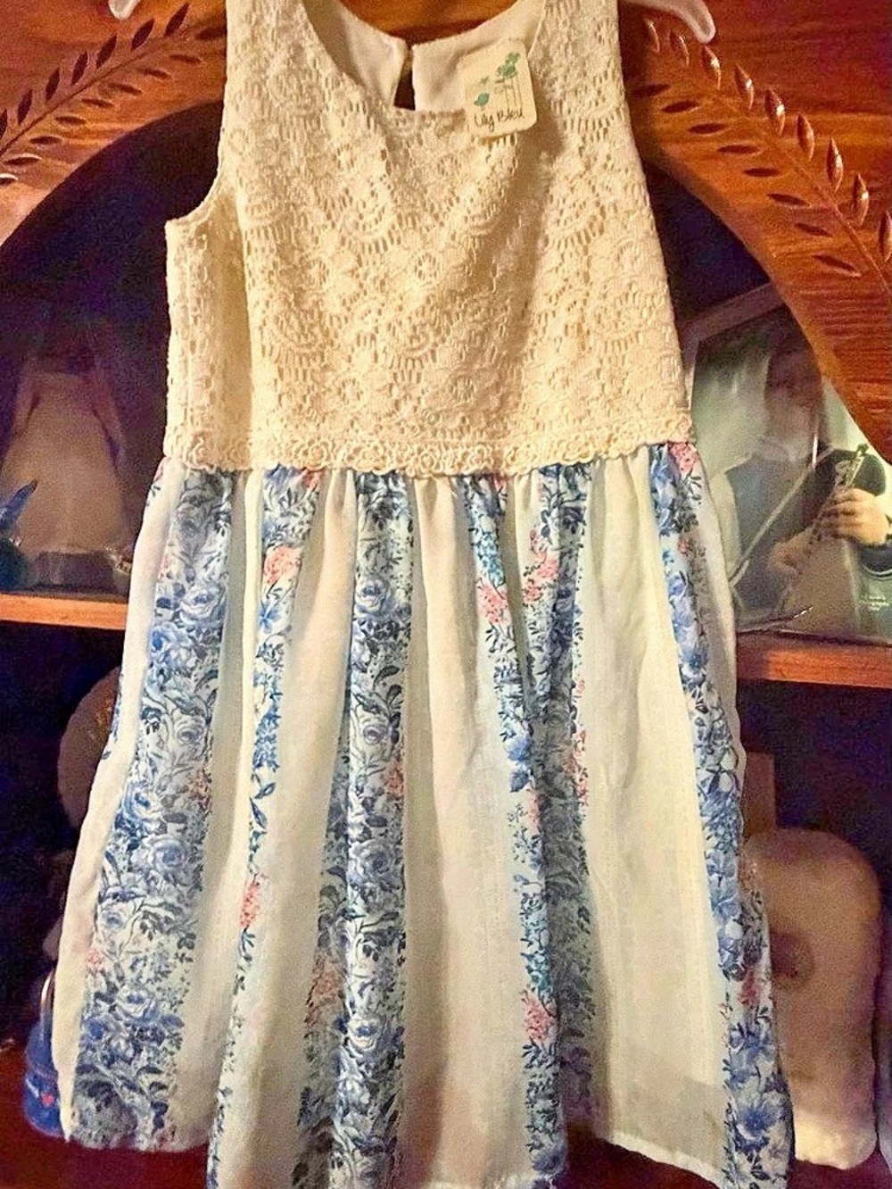 Lily Bleu Floral Lace Bodice Dress in White & Blue Size 5